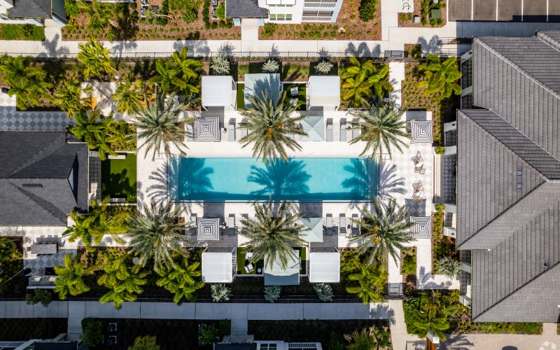 aerial view of a pool in courtyard
