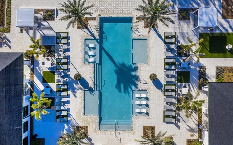 aerial view of a pool in courtyard